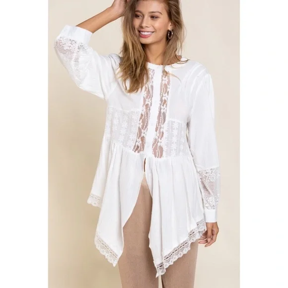 POL Off White Cotton & Lace Long Sleeve Unbalanced Hem Button Down Shirt - Picture 7 of 10